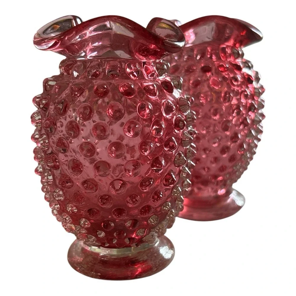 Vintage Fenton Cranberry Hobnail Bud Vases- Set of Two #09